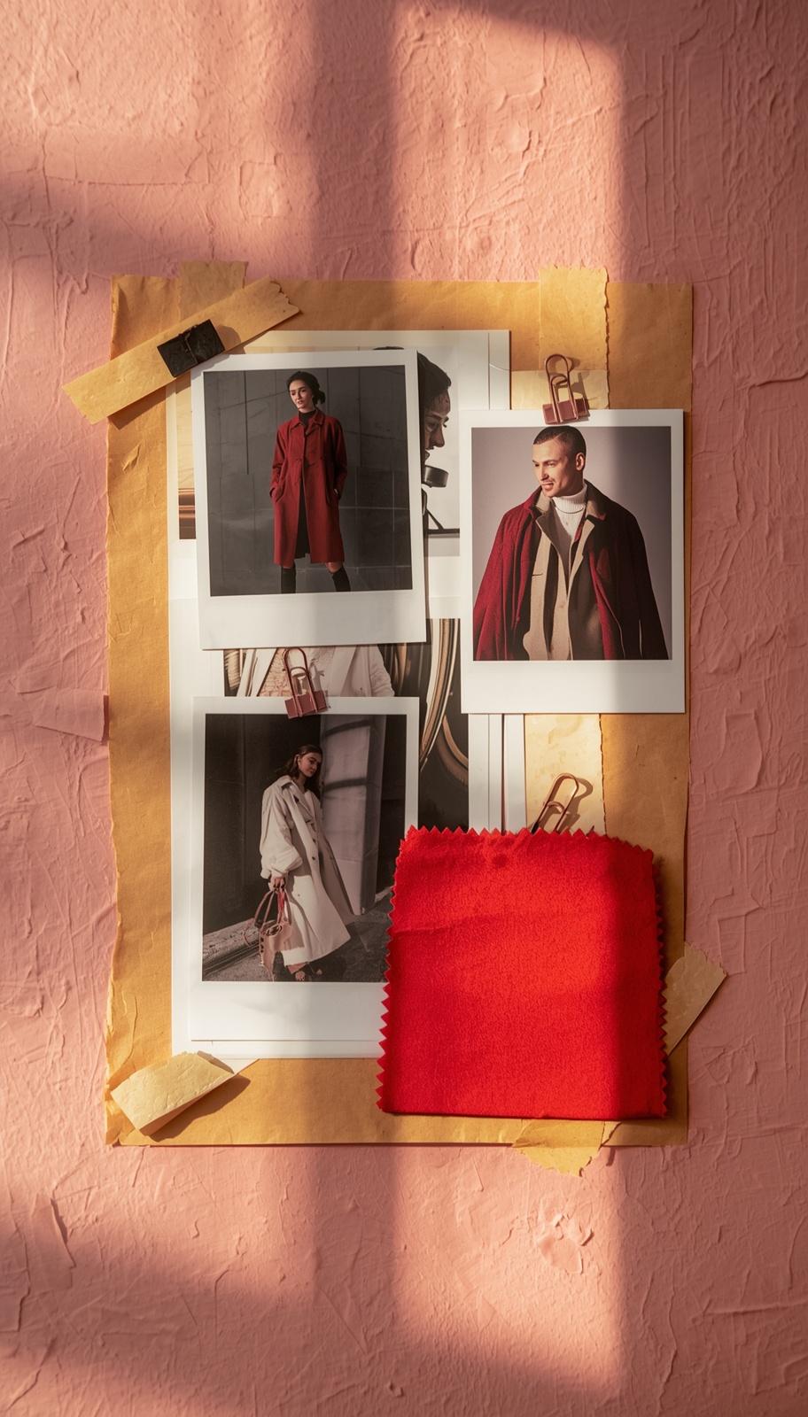 Polaroids of rouge coats and a poppy fabric swatch taped to a rose wall