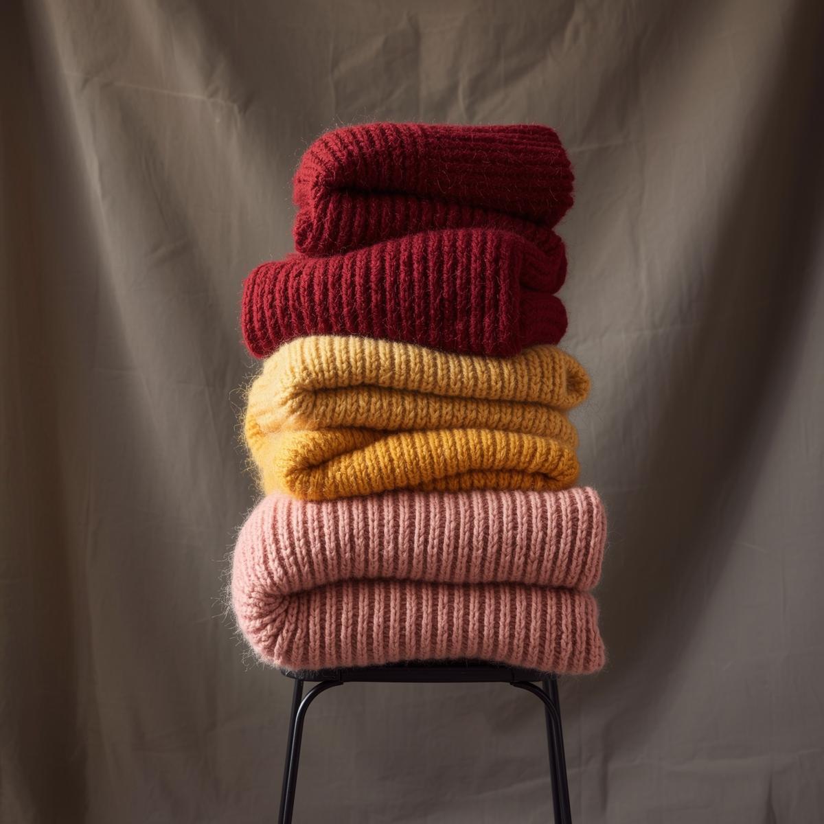 Knit sweaters in rouge, butter and rose stacked on a chair