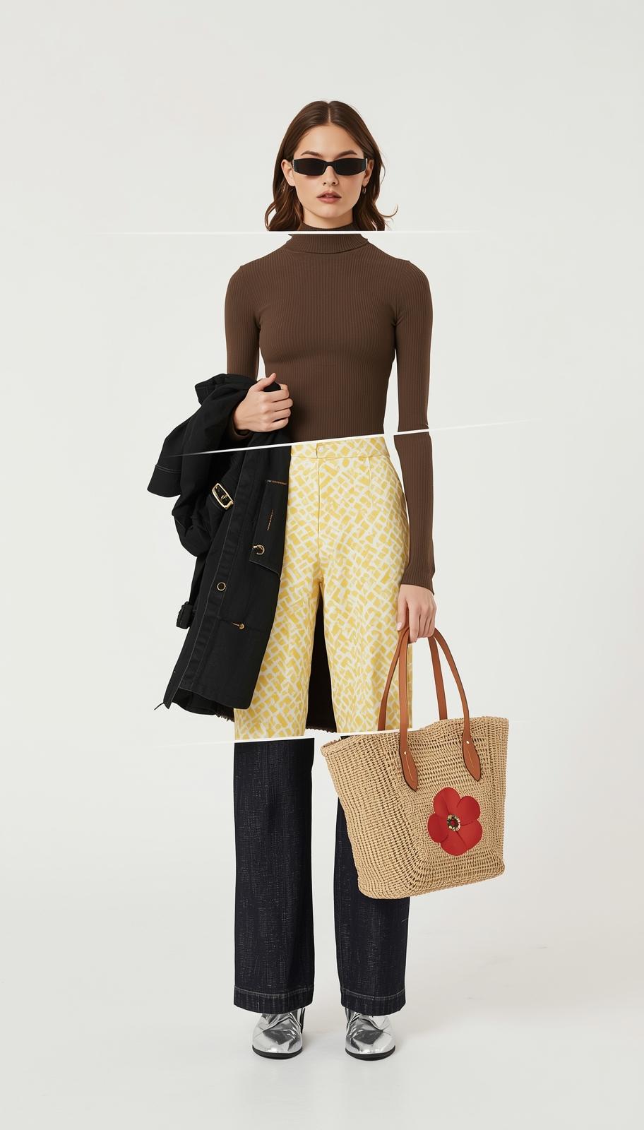 Fashion model in brown turtleneck and split skirt