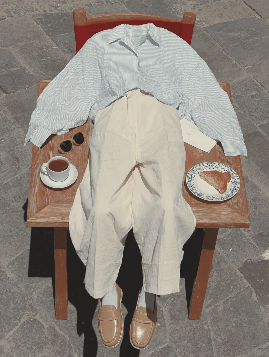 Flat lay outfit on table: shirt, pants, and loafers with coffee