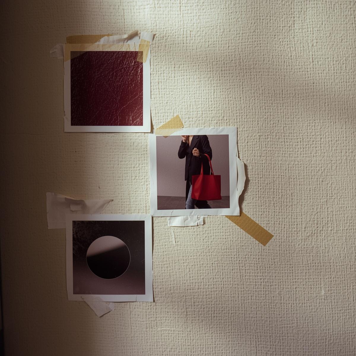 Red-toned polaroid photos arranged on wall as moodboard