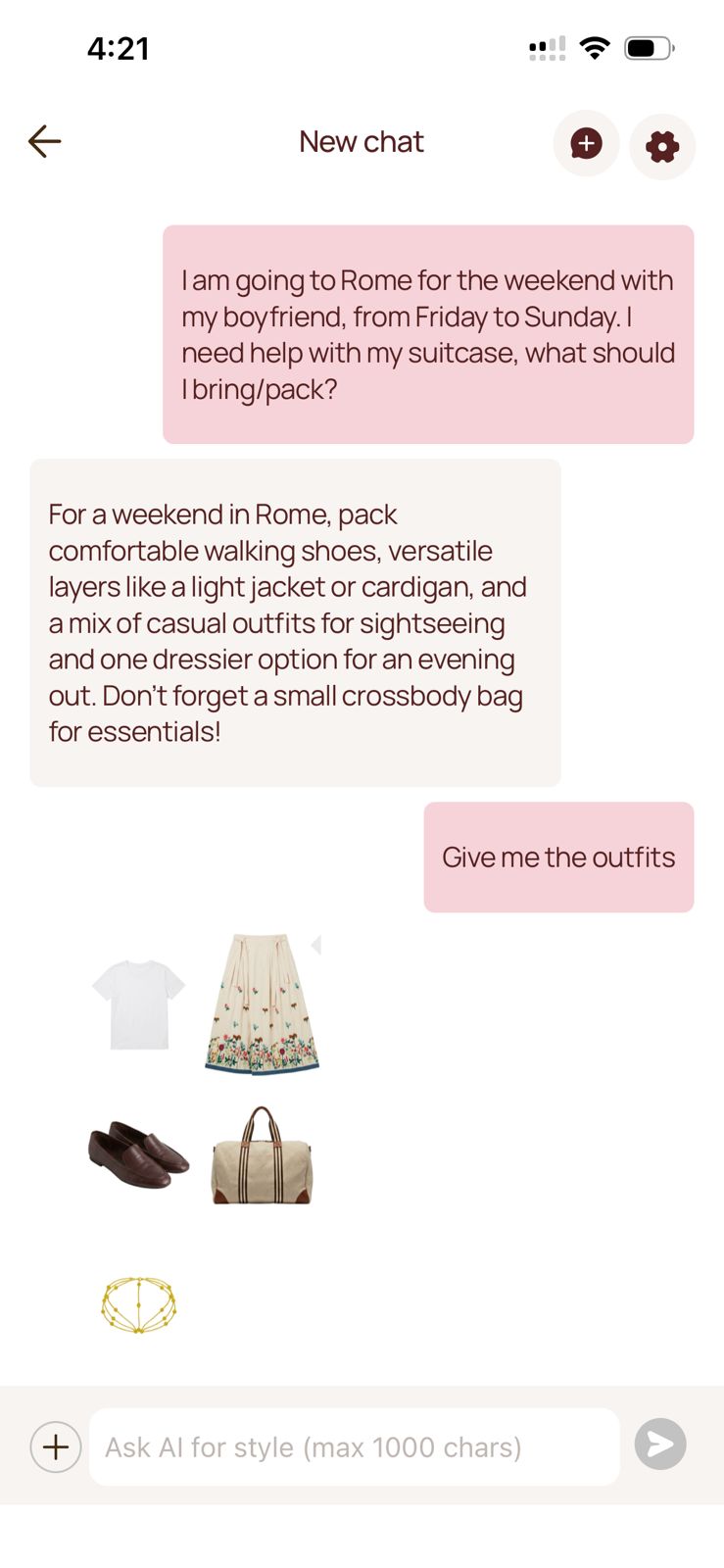 A Portal Stylist conversation: someone asks what to pack for a weekend in Rome; Portal answers with what to bring, then lays out a full outfit — a white tee, an embroidered floral midi skirt, brown loafers, a canvas weekend bag and a gold bracelet.