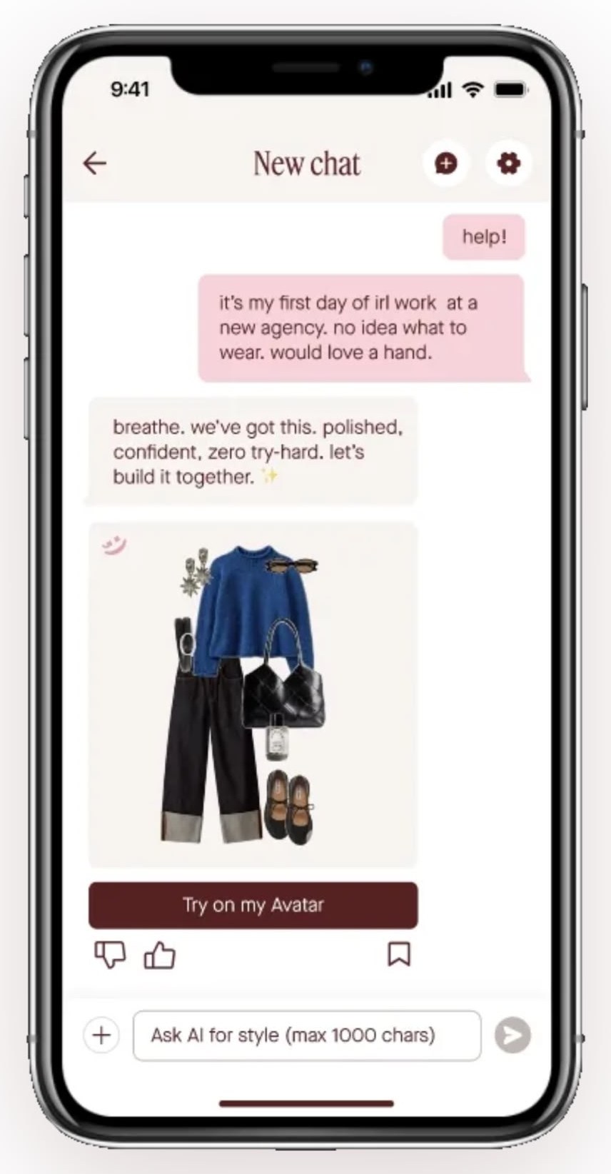 Una conversación con el Portal Stylist: alguien cuenta que es su primer día en una agencia nueva y no sabe qué ponerse; Portal responde con un look completo — jersey azul, vaqueros oscuros, bolso negro y bailarinas.